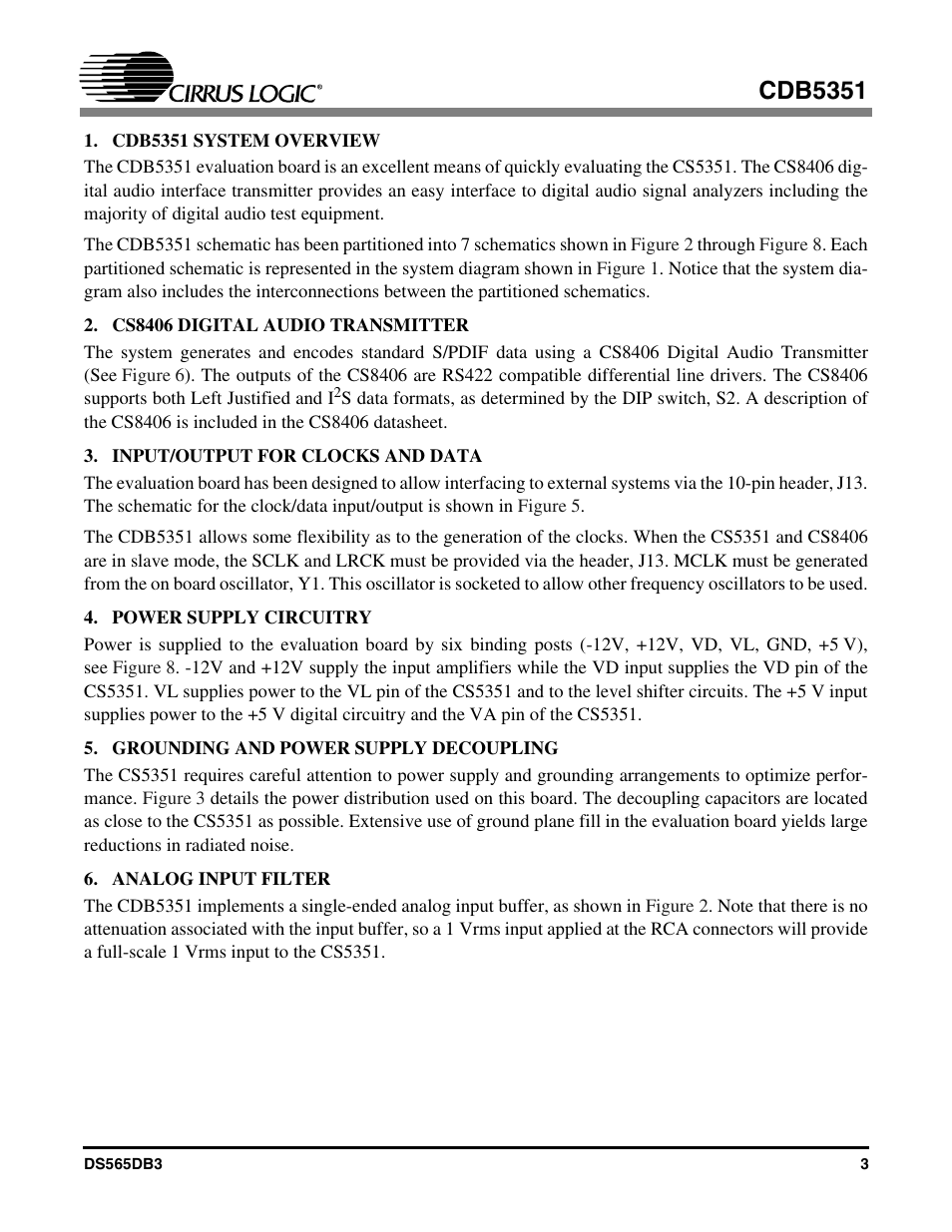 Cdb5351 system overview, Cs8406 digital audio transmitter, Input/output for clocks and data | Power supply circuitry, Grounding and power supply decoupling, Analog input filter, Cdb5351 | Cirrus Logic CDB5351 User Manual | Page 3 / 16
