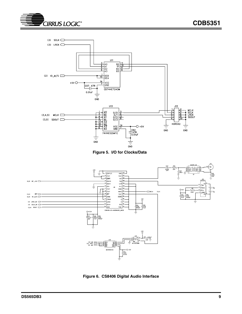 Figure 5. i/o for clocks/data, Figure 6. cs8406 digital audio interface, Figure 6 | Figure 5, Cdb5351 | Cirrus Logic CDB5351 User Manual | Page 9 / 16