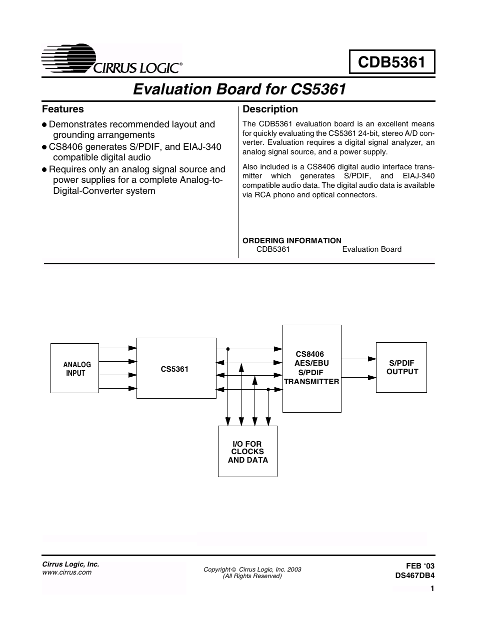 Cirrus Logic CDB5361 User Manual | 16 pages