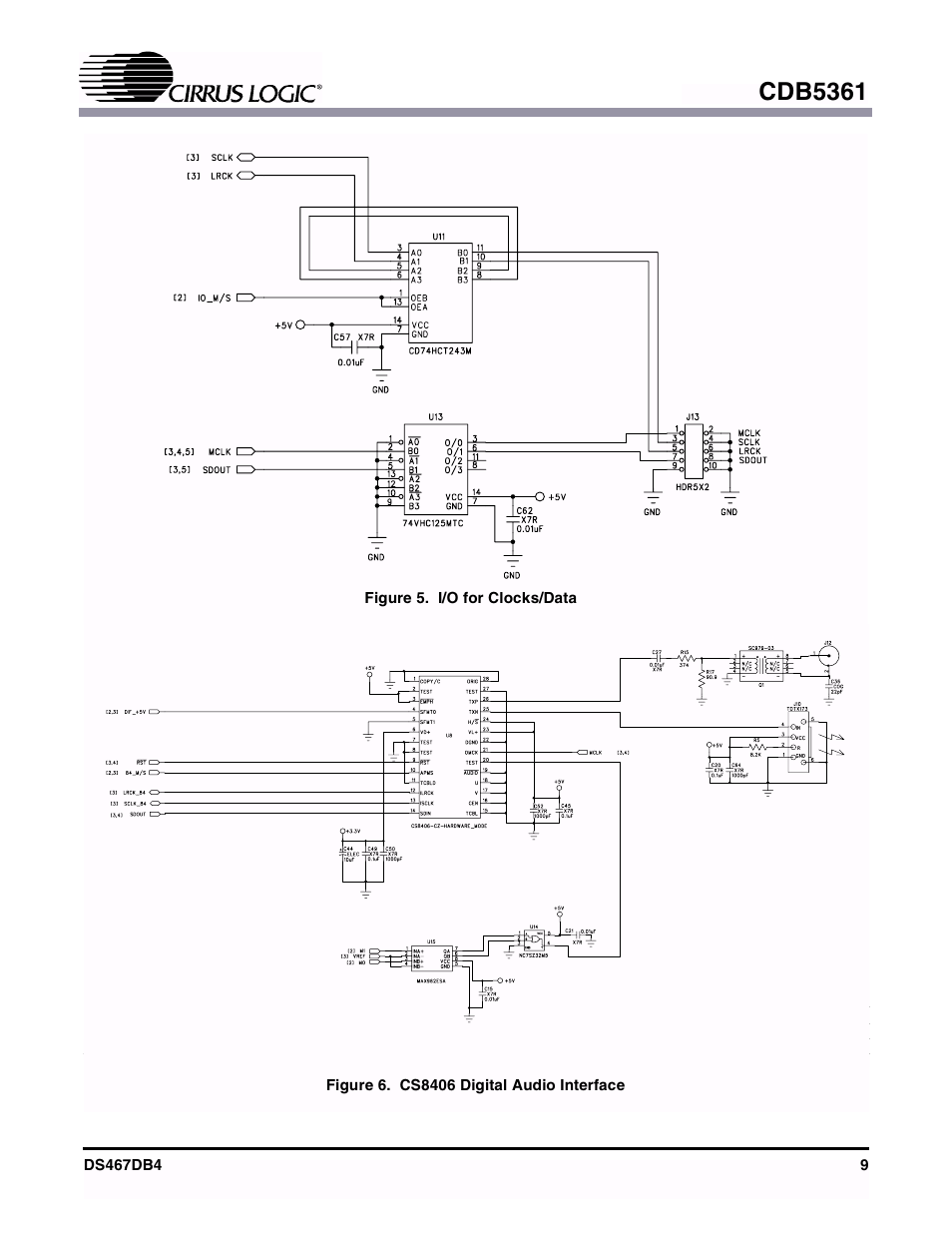 Figure 5. i/o for clocks/data, Figure 6. cs8406 digital audio interface, Figure 6 | Figure 5, Cdb5361 | Cirrus Logic CDB5361 User Manual | Page 9 / 16