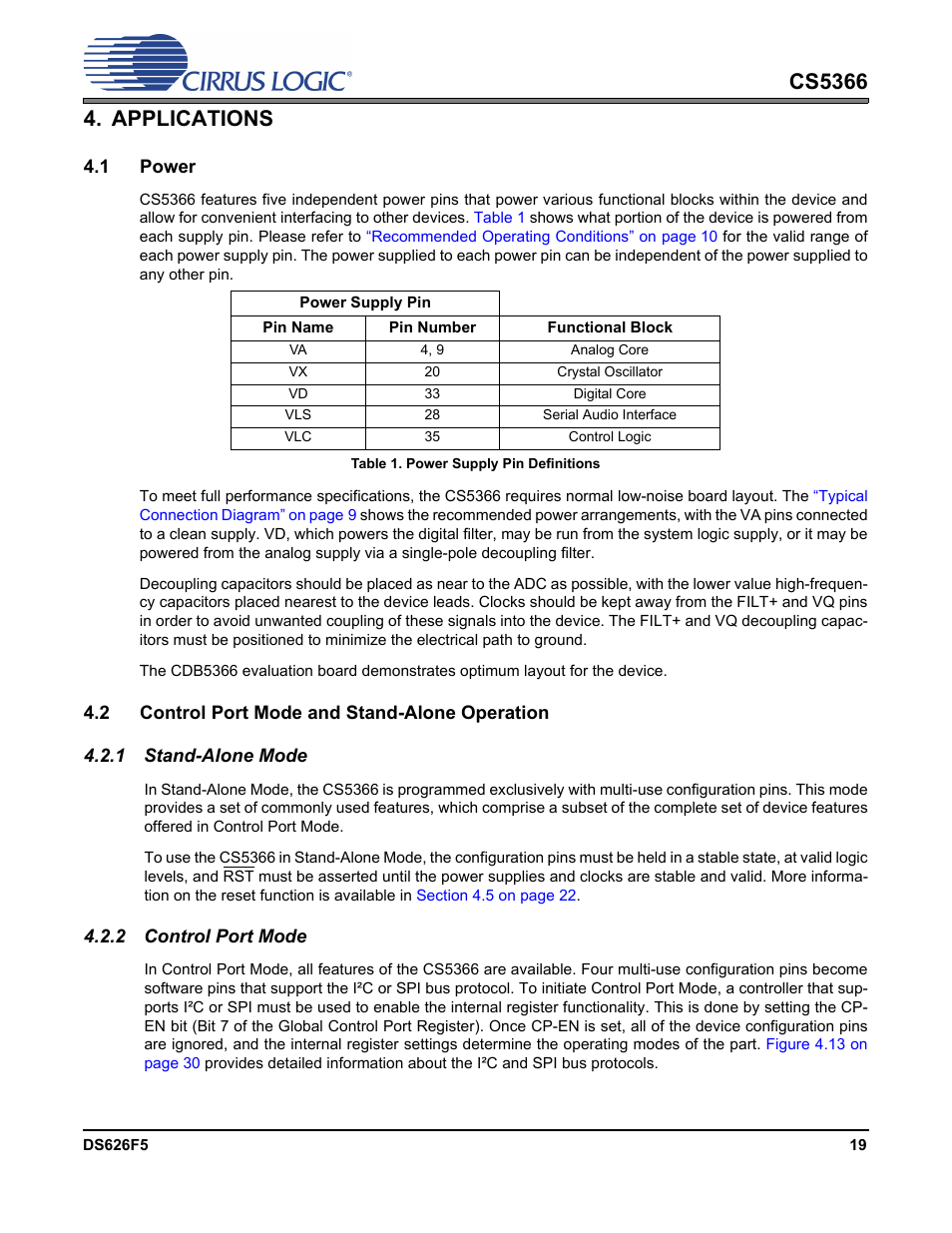 Applications, 1 power, Table 1. power supply pin definitions | 2 control port mode and stand-alone operation, 1 stand-alone mode, 2 control port mode, 1 stand-alone mode 4.2.2 control port mode | Cirrus Logic CS5366 User Manual | Page 19 / 42