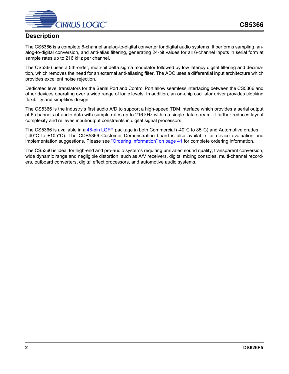 Cs5366, Description | Cirrus Logic CS5366 User Manual | Page 2 / 42