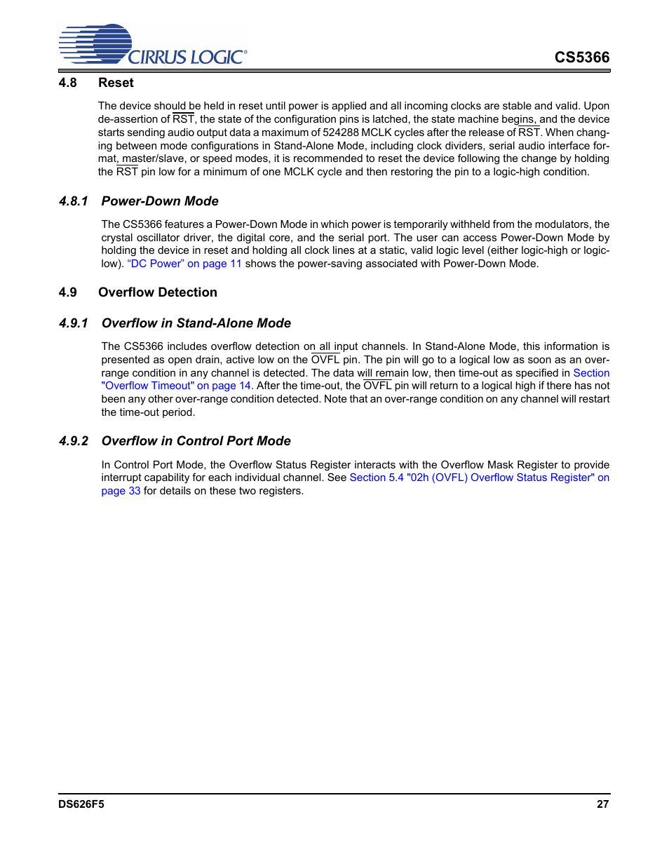 8 reset, 1 power-down mode, 9 overflow detection | 1 overflow in stand-alone mode, 2 overflow in control port mode, Cs5366 | Cirrus Logic CS5366 User Manual | Page 27 / 42