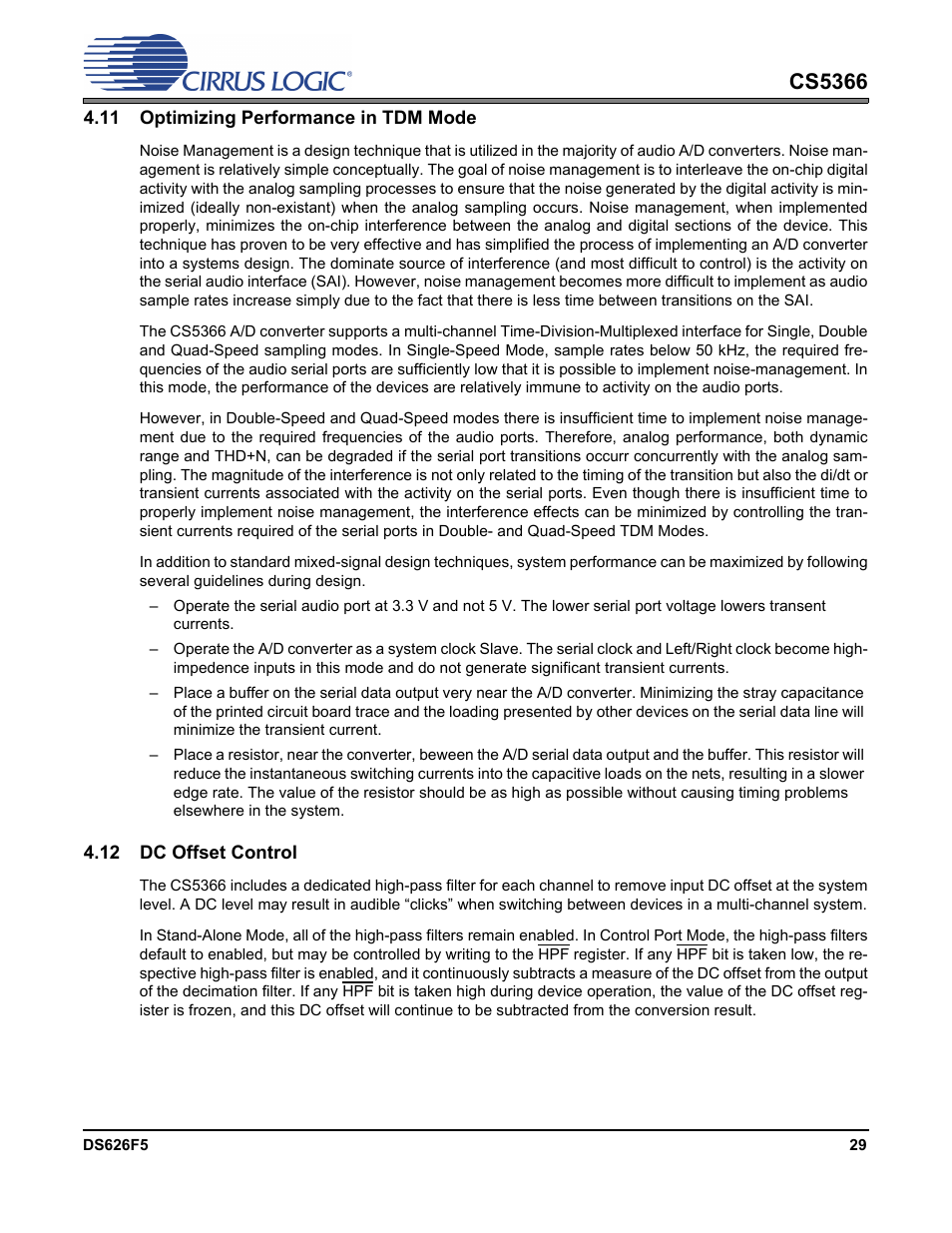 11 optimizing performance in tdm mode, 12 dc offset control, Refer to | Section 4.11 “optimizing, Cs5366 | Cirrus Logic CS5366 User Manual | Page 29 / 42