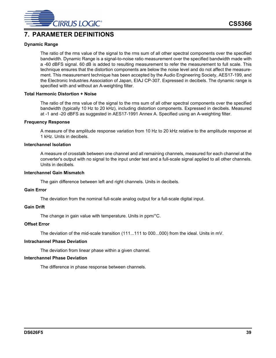 Parameter definitions | Cirrus Logic CS5366 User Manual | Page 39 / 42