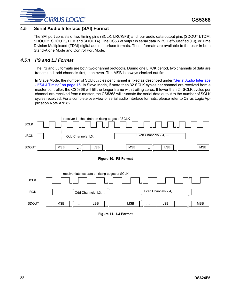 5 serial audio interface (sai) format, 1 i²s and lj format, Figure 10. i²s format | Figure 11. lj format, Figure 10. i²s format figure 11. lj format, Cs5368 | Cirrus Logic CS5368 User Manual | Page 22 / 42