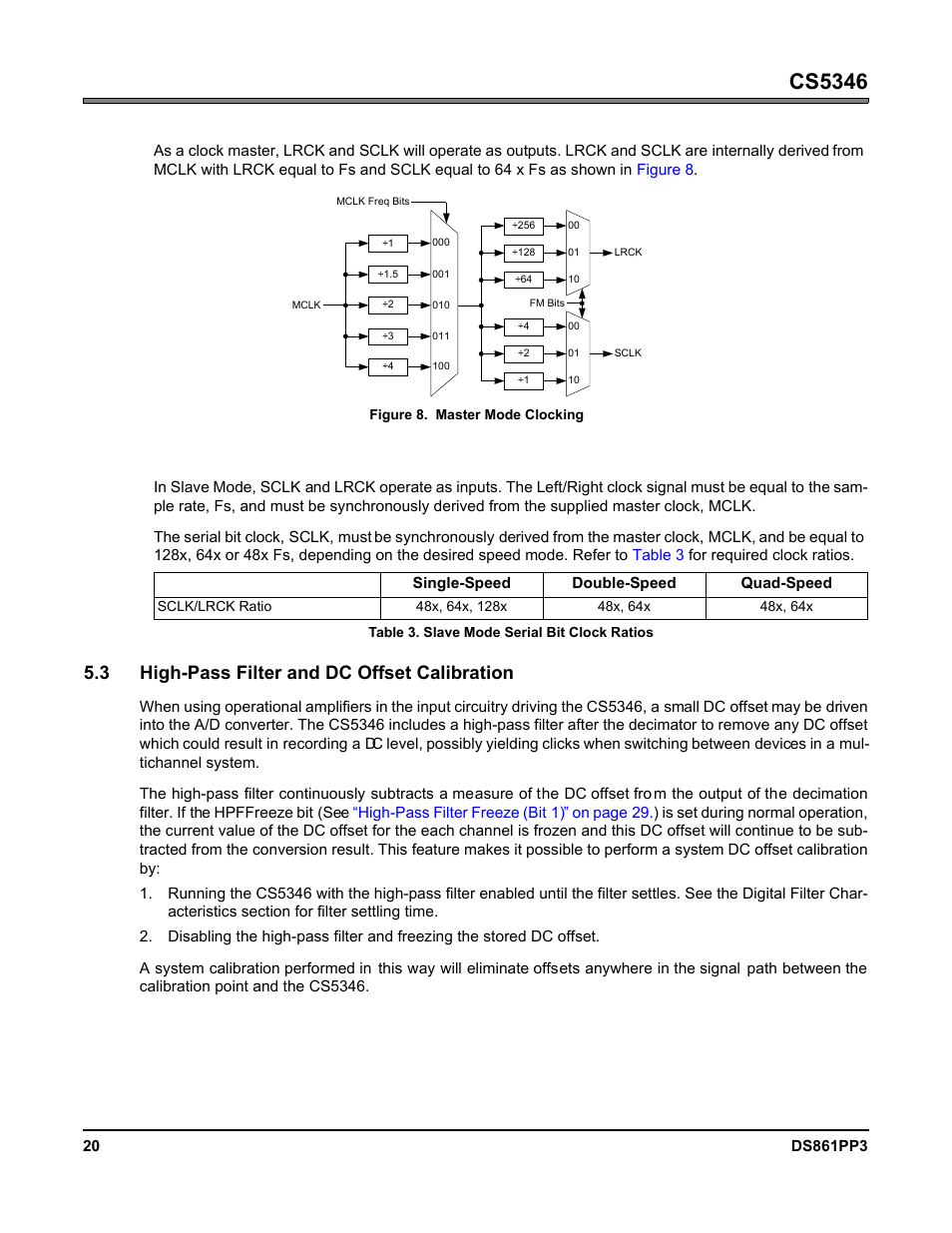 2 master mode, Figure 8. master mode clocking, 3 slave mode | Table 3. slave mode serial bit clock ratios, 3 high-pass filter and dc offset calibration, Figure 8.master mode clocking, Cs5346 | Cirrus Logic CS5346 User Manual | Page 20 / 38