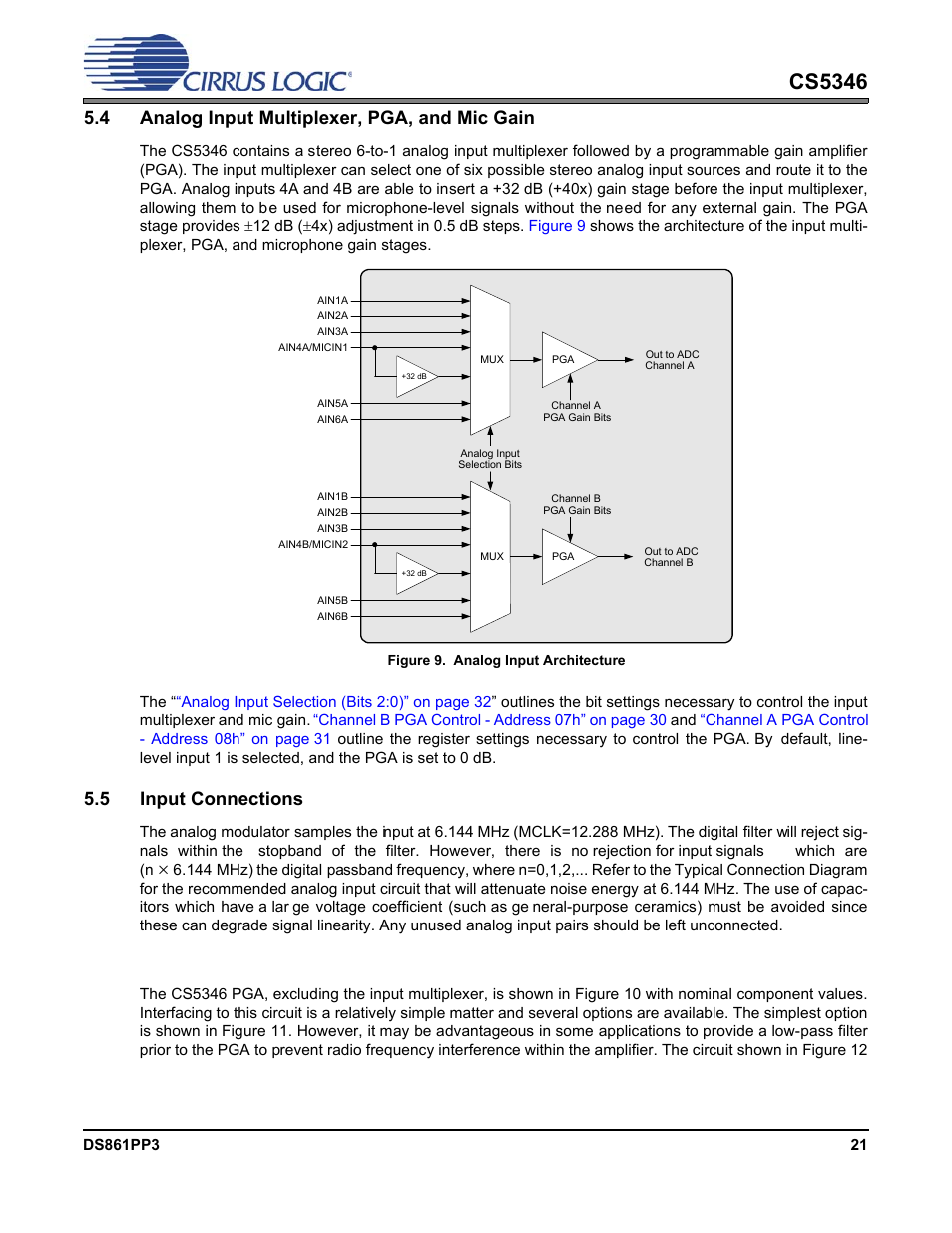 4 analog input multiplexer, pga, and mic gain, Figure 9. analog input architecture, 5 input connections | Figure 9.analog input architecture, Cs5346, 1 analog input configuration for 1 v, Input levels | Cirrus Logic CS5346 User Manual | Page 21 / 38