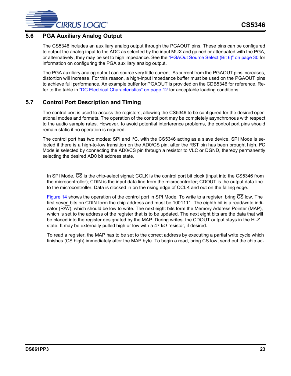 6 pga auxiliary analog output, 7 control port description and timing, 1 spi mode | Cs5346 | Cirrus Logic CS5346 User Manual | Page 23 / 38