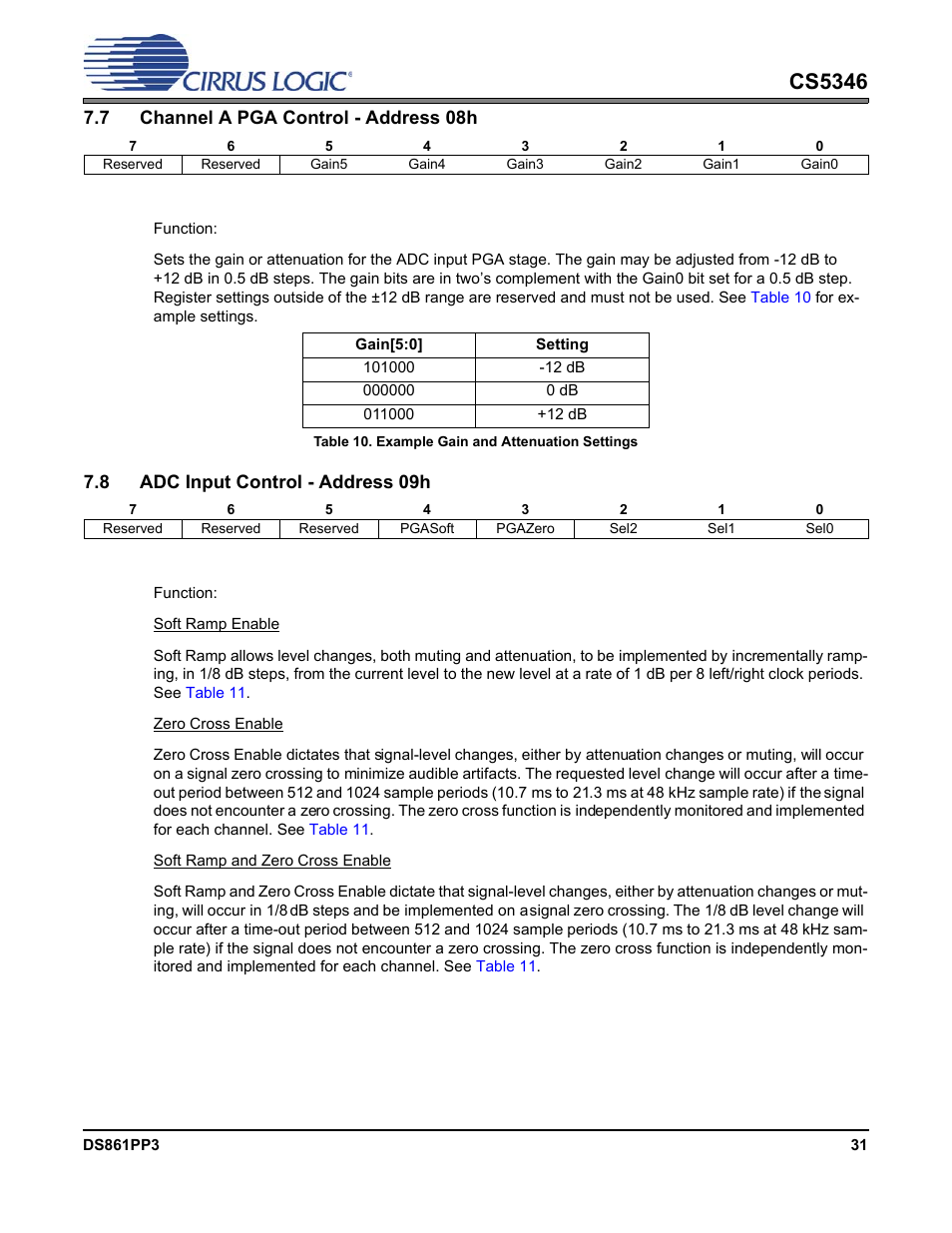 7 channel a pga control - address 08h, 1 channel a pga gain (bits 5:0), Table 10. example gain and attenuation settings | 8 adc input control - address 09h, 1 pga soft ramp or zero cross enable (bits 4:3), Channel a pga control, Pg. 31, Cs5346 | Cirrus Logic CS5346 User Manual | Page 31 / 38