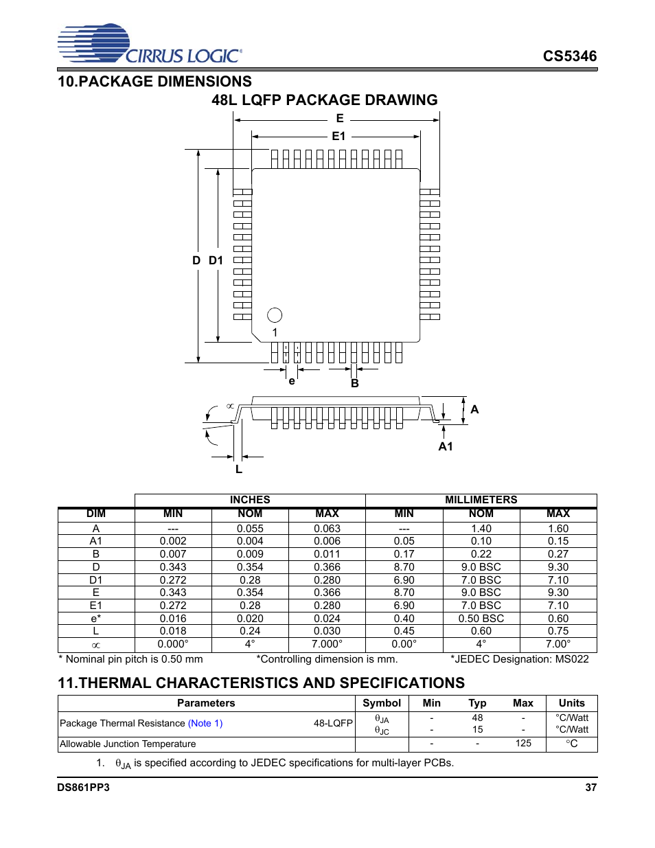 Package dimensions, Thermal characteristics and specifications, 48l lqfp package drawing | Cirrus Logic CS5346 User Manual | Page 37 / 38