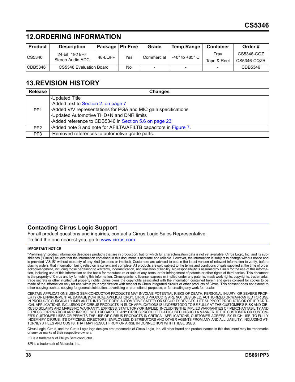 Ordering information, Revision history, Contacting cirrus logic support | Cirrus Logic CS5346 User Manual | Page 38 / 38