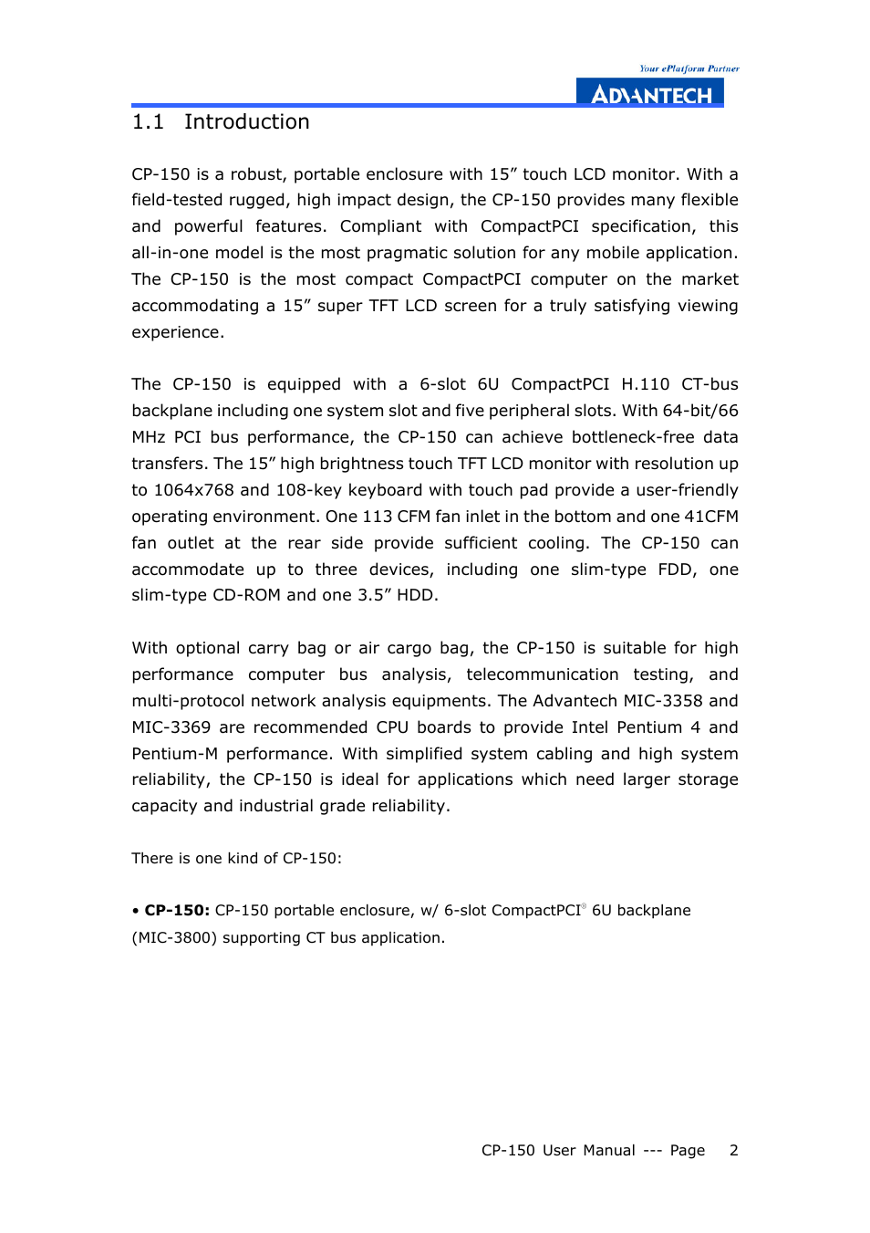 1 introduction | Advantech COMPACTPCI CP-150 User Manual | Page 11 / 54