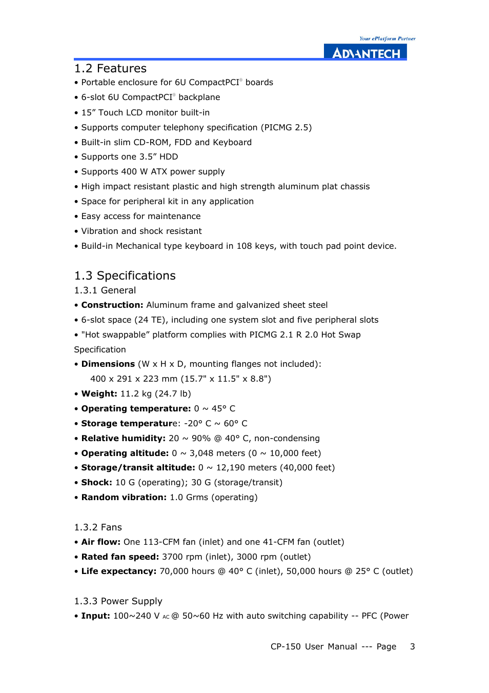 2 features, 3 specifications, 1 general | 2 fans, 3 power supply | Advantech COMPACTPCI CP-150 User Manual | Page 12 / 54