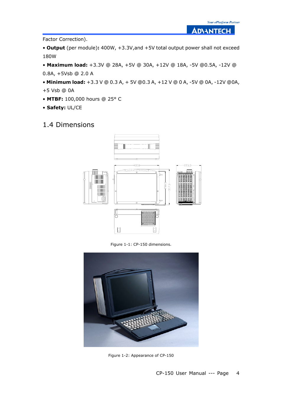 4 dimensions | Advantech COMPACTPCI CP-150 User Manual | Page 13 / 54