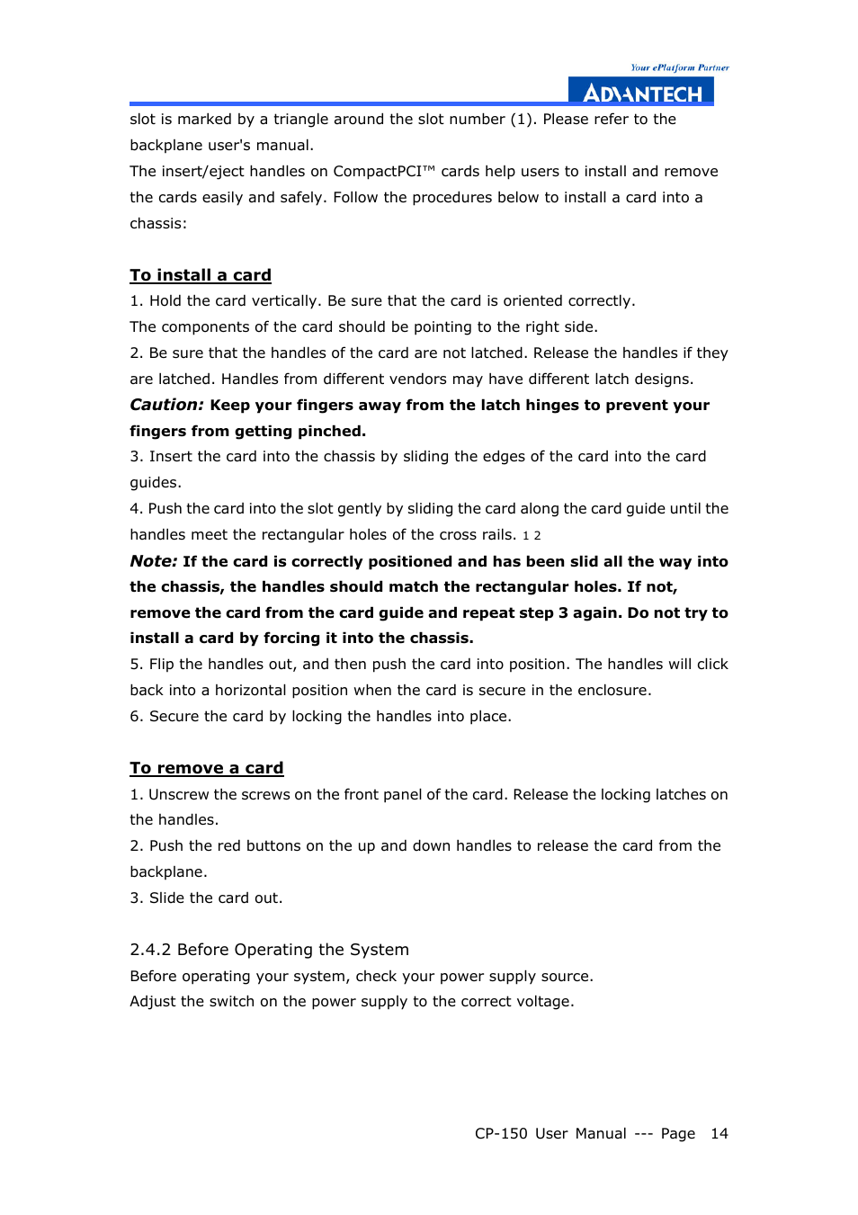 2 before operating the system | Advantech COMPACTPCI CP-150 User Manual | Page 23 / 54