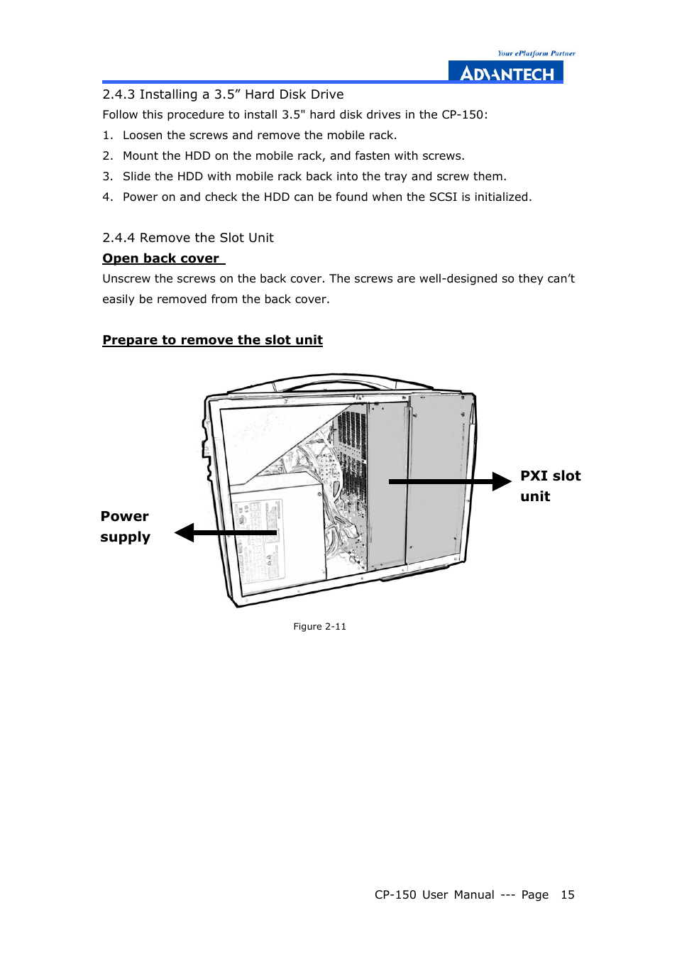 3 installing a 3.5" hard disk drive, 4 remove the slot unit | Advantech COMPACTPCI CP-150 User Manual | Page 24 / 54