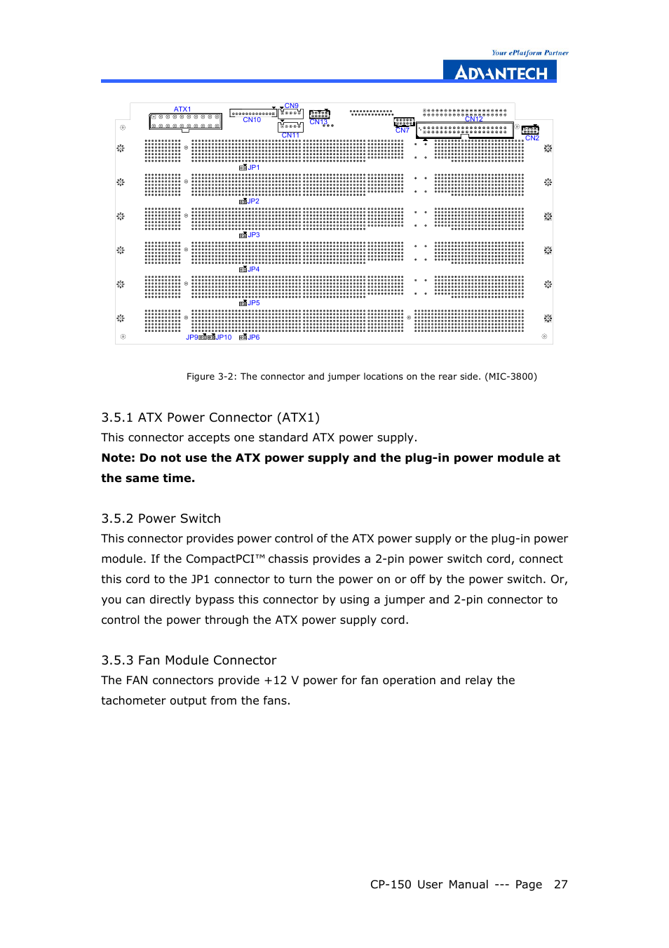 1 atx power connector (atx1), 2 power switch, 3 fan module connector | Advantech COMPACTPCI CP-150 User Manual | Page 36 / 54