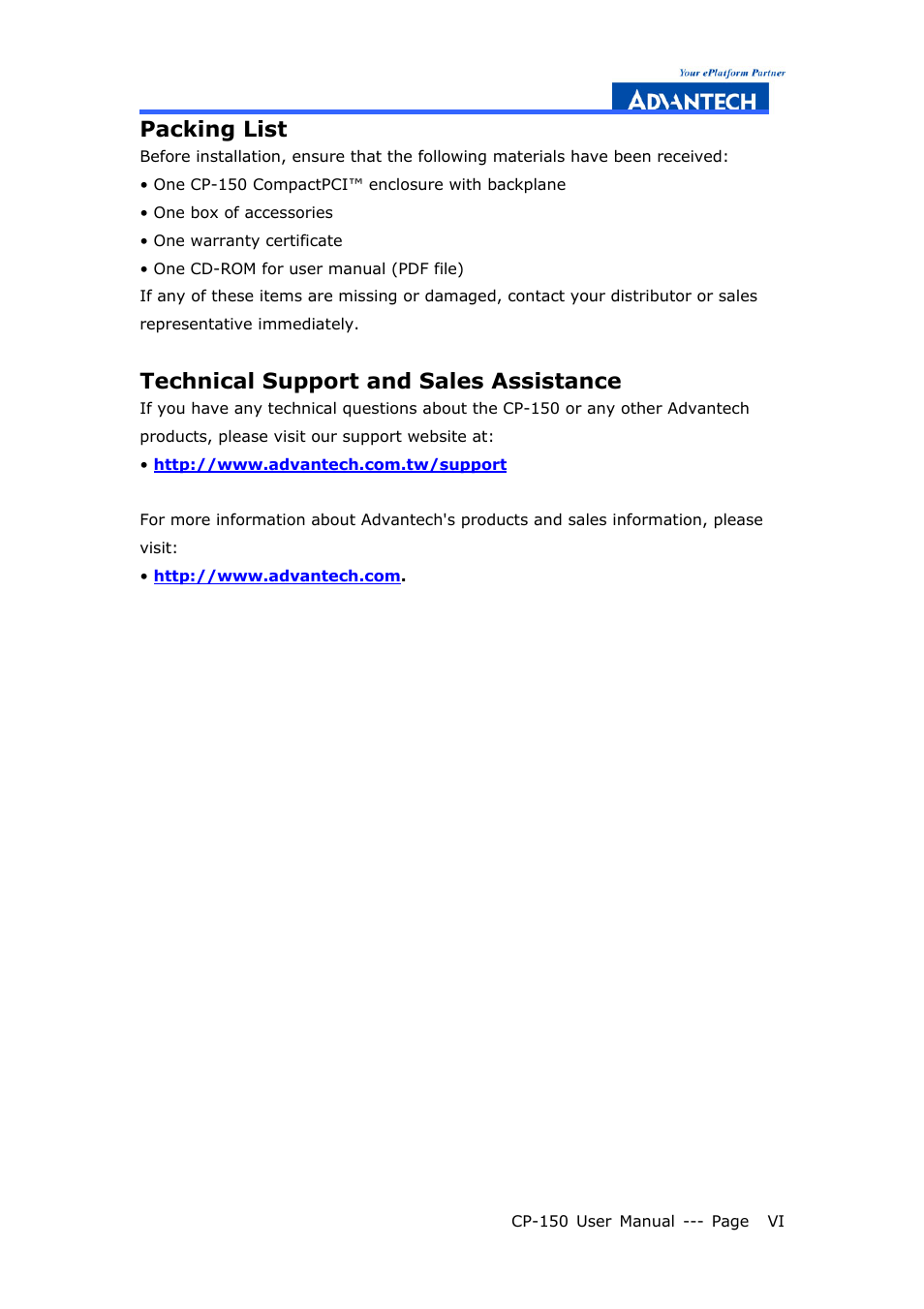 Packing list, Technical support and sales assistance | Advantech COMPACTPCI CP-150 User Manual | Page 6 / 54