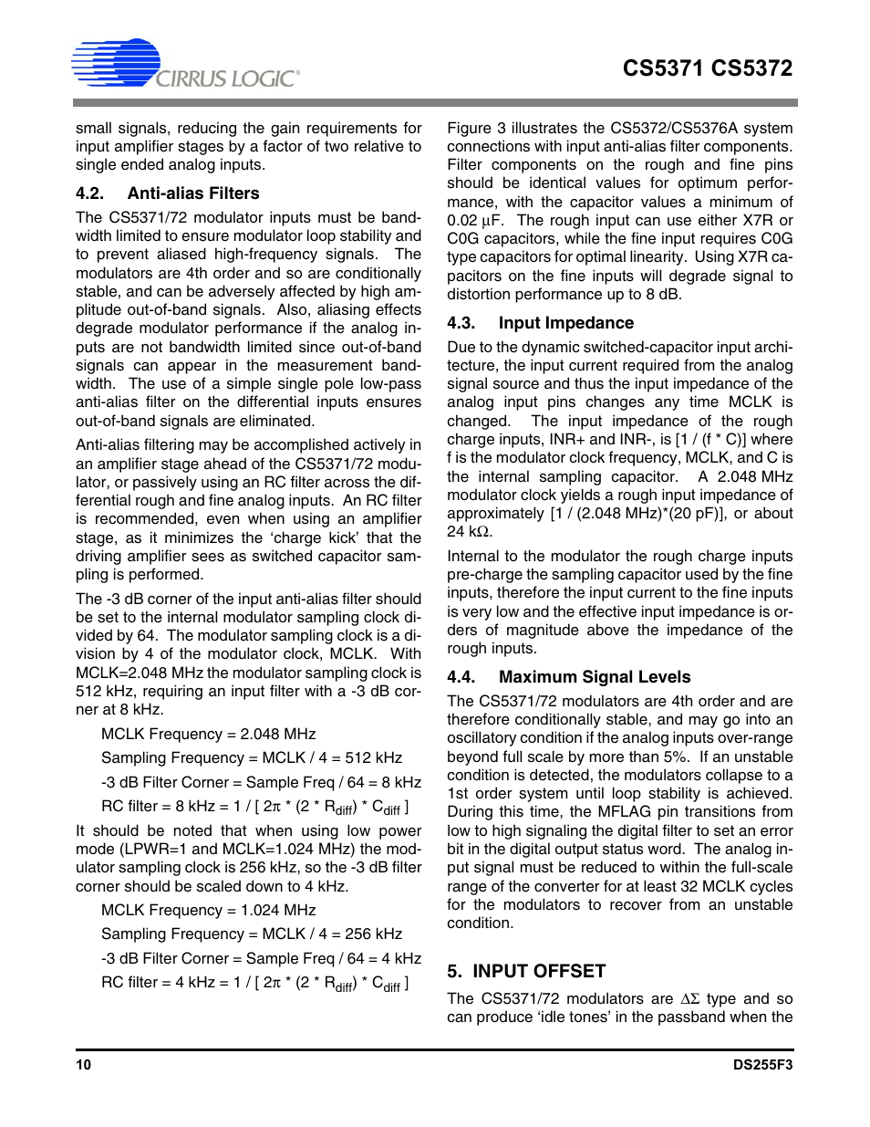 Anti-alias filters, Input impedance, Maximum signal levels | Input offset | Cirrus Logic CS5372 User Manual | Page 10 / 22