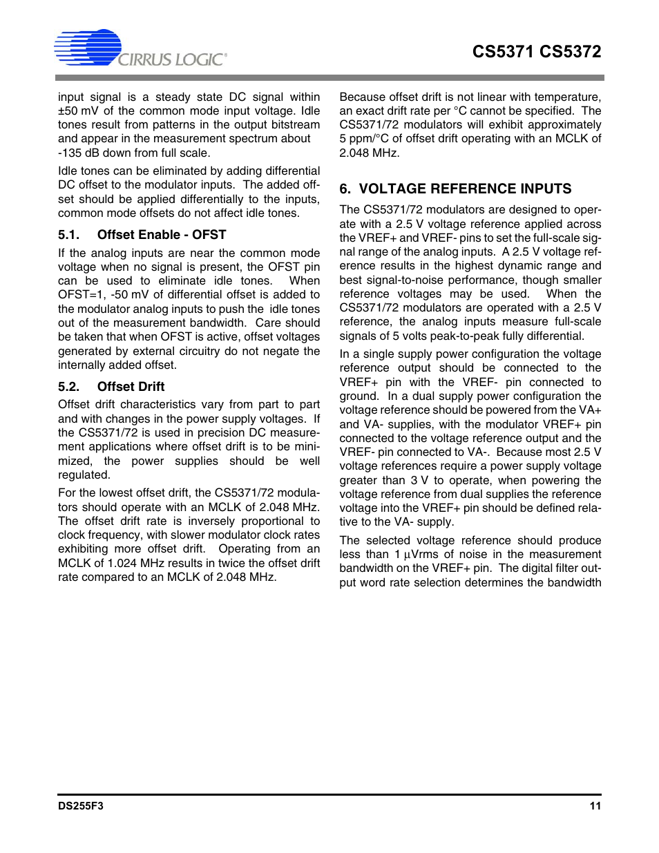 Offset enable - ofst, Offset drift, Voltage reference inputs | Cirrus Logic CS5372 User Manual | Page 11 / 22