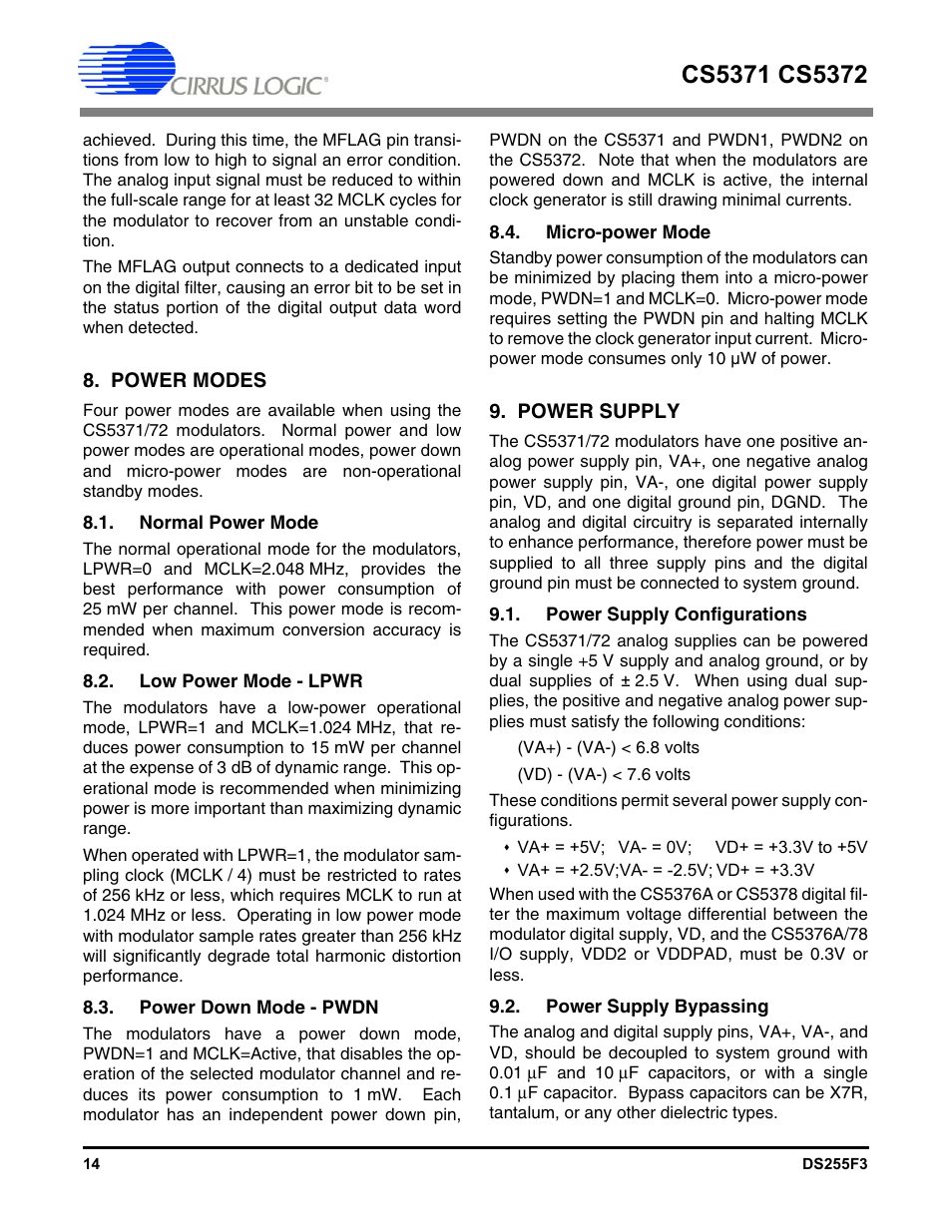 Power modes, Normal power mode, Low power mode - lpwr | Power down mode - pwdn, Micro-power mode, Power supply, Power supply configurations, Power supply bypassing | Cirrus Logic CS5372 User Manual | Page 14 / 22