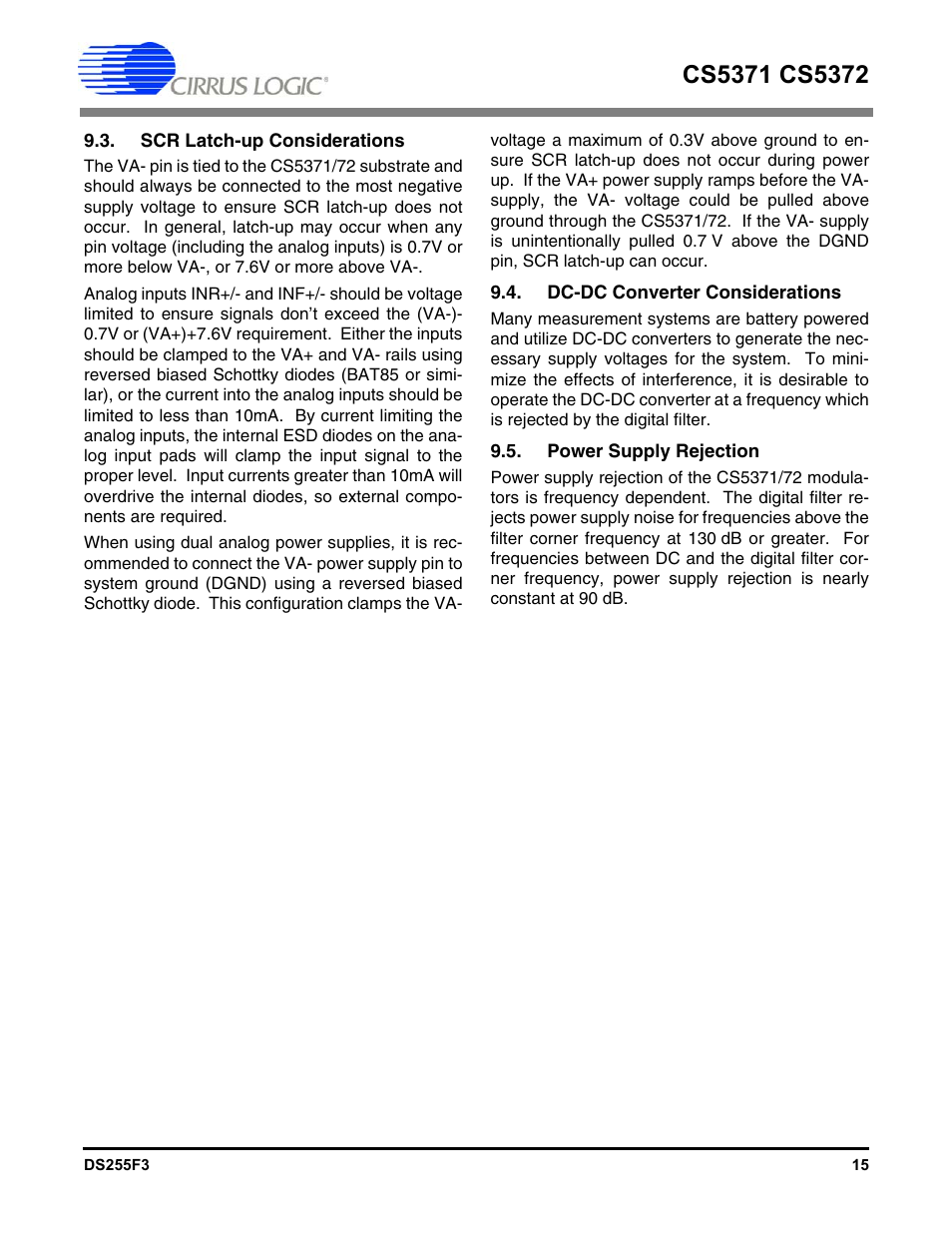 Scr latch-up considerations, Dc-dc converter considerations, Power supply rejection | Cirrus Logic CS5372 User Manual | Page 15 / 22