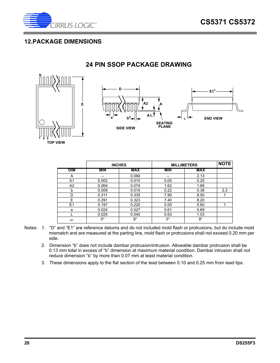 Package dimensions, 24 pin ssop package drawing | Cirrus Logic CS5372 User Manual | Page 20 / 22