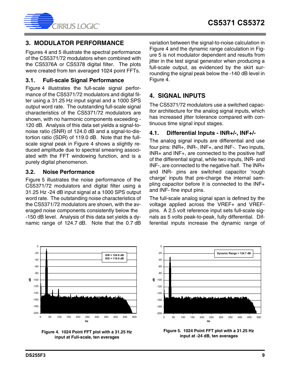 Full-scale signal performance, Noise performance, Signal inputs | Differential inputs - inr+/-, inf, Modulator performance | Cirrus Logic CS5372 User Manual | Page 9 / 22
