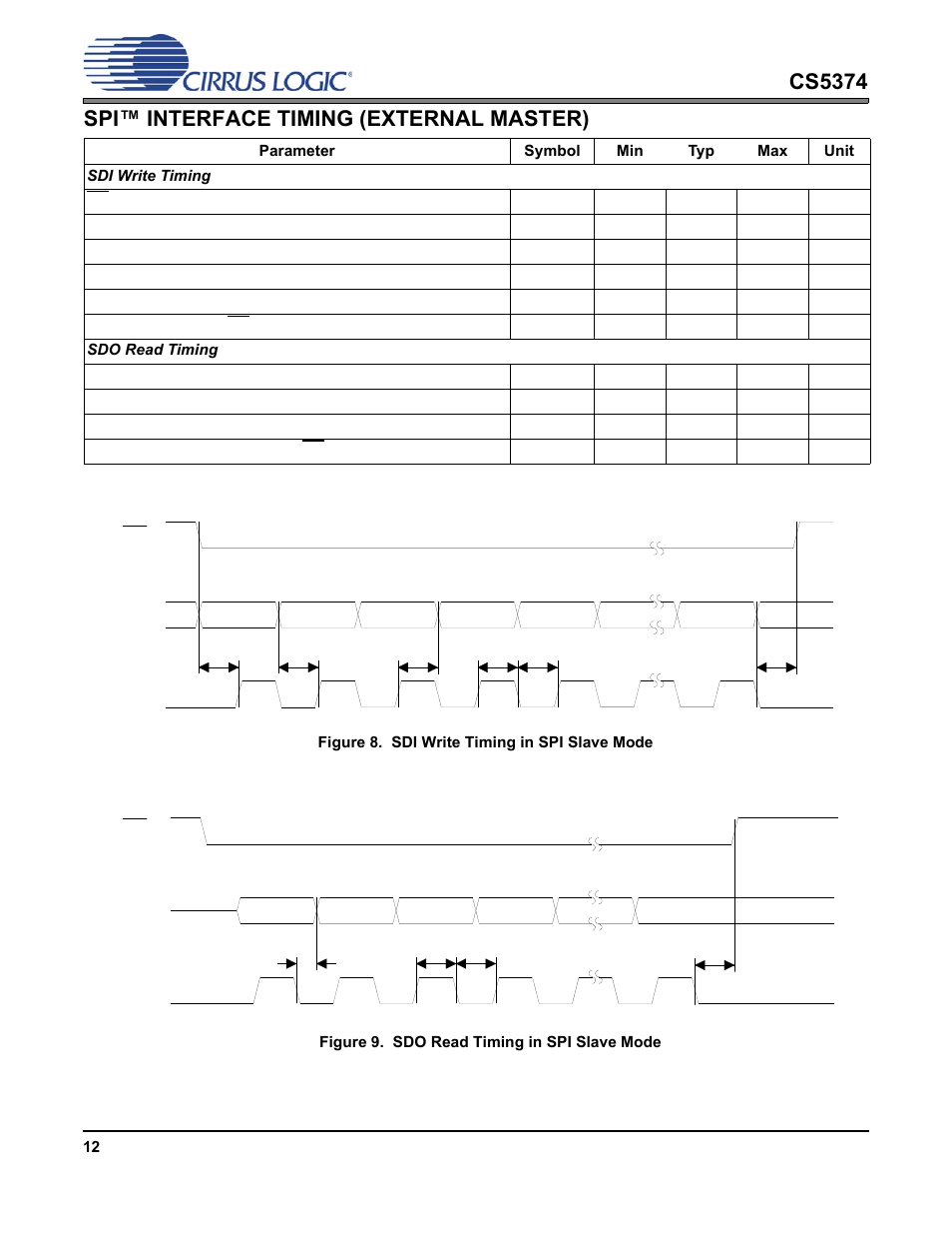 Spi™ interface timing (external master), Cs5374 | Cirrus Logic CS5374 User Manual | Page 12 / 44