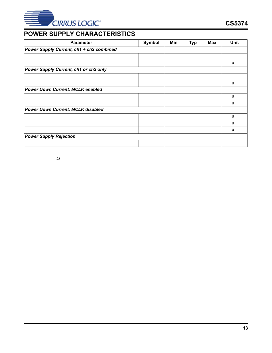 Power supply characteristics, Wn state. see power supply characteristics, Cs5374 | Cirrus Logic CS5374 User Manual | Page 13 / 44