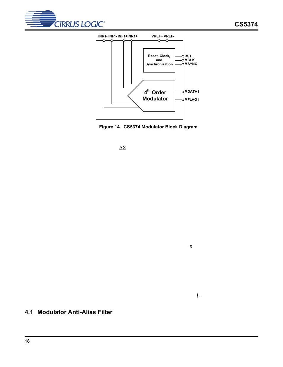 Modulator operation, 1 modulator anti-alias filter, Modulator anti-alias filter | Figure 14. cs5374 modulator block diagram, Cs5374 | Cirrus Logic CS5374 User Manual | Page 18 / 44