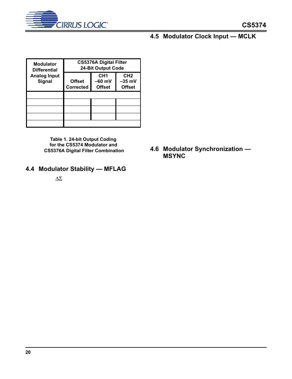 4 modulator stability — mflag, 5 modulator clock input — mclk, 6 modulator synchronization — msync | Modulator stability — mflag, Modulator clock input — mclk, Modulator synchronization — msync, Table 1. 24-bit output coding, Cs5374 | Cirrus Logic CS5374 User Manual | Page 20 / 44