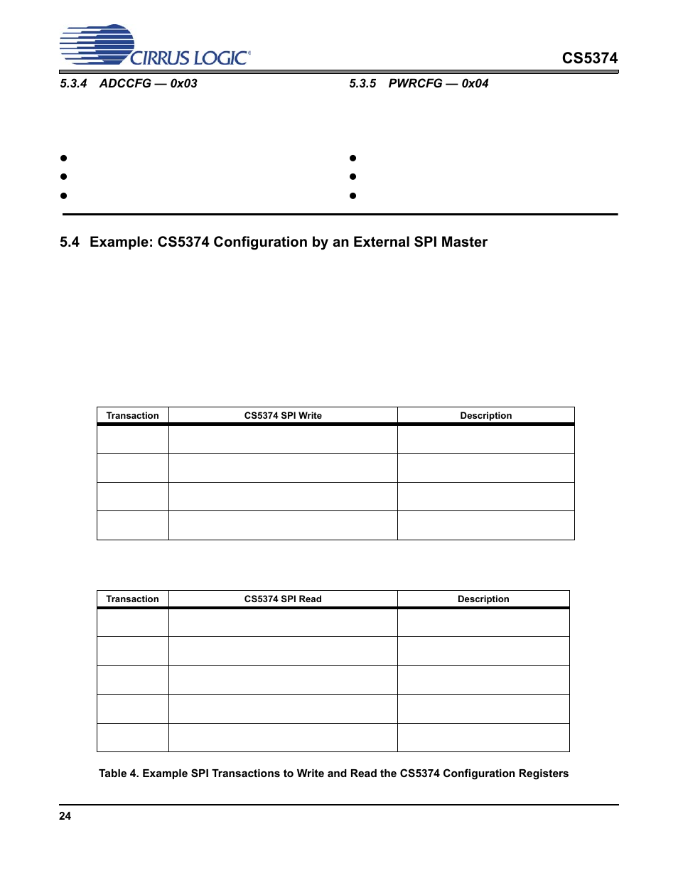 4 adccfg — 0x03, 5 pwrcfg — 0x04, 4 adccfg — 0x03 5.3.5 pwrcfg — 0x04 | Cs5374, Spi write transactions, Spi read transactions | Cirrus Logic CS5374 User Manual | Page 24 / 44