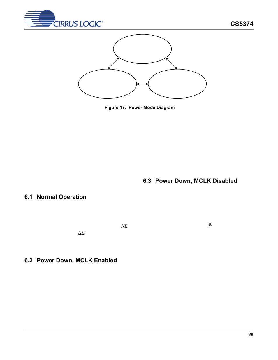 Power modes, 1 normal operation, 2 power down, mclk enabled | 3 power down, mclk disabled, Normal operation, Power down, mclk enabled, Power down, mclk disabled, Figure 17. power mode diagram, Cs5374 | Cirrus Logic CS5374 User Manual | Page 29 / 44