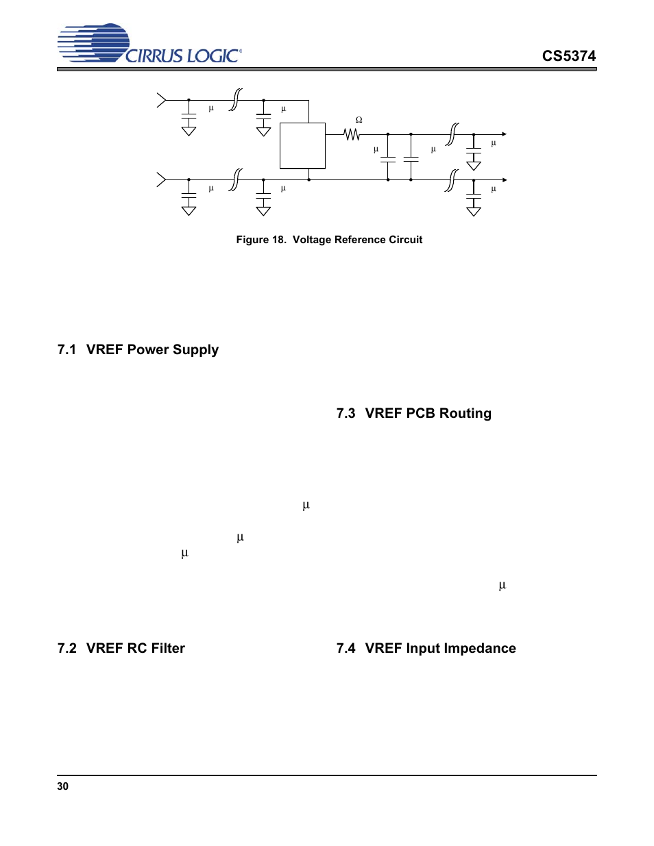 Voltage reference, 1 vref power supply, 2 vref rc filter | 3 vref pcb routing, 4 vref input impedance, Vref power supply, Vref rc filter, Vref pcb routing, Vref input impedance, Figure 18. voltage reference circuit | Cirrus Logic CS5374 User Manual | Page 30 / 44