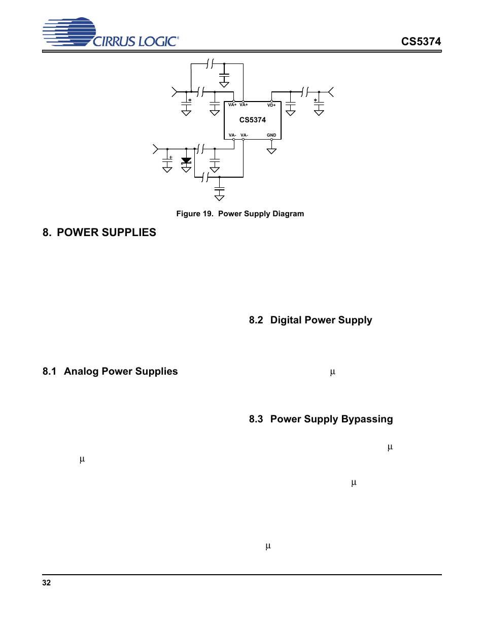 Power supplies, 1 analog power supplies, 2 digital power supply | 3 power supply bypassing, Analog power supplies, Digital power supply, Power supply bypassing, Figure 19. power supply diagram, Cs5374 | Cirrus Logic CS5374 User Manual | Page 32 / 44