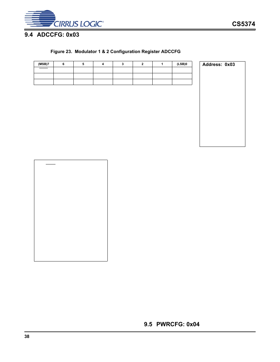 4 adccfg: 0x03, 5 pwrcfg: 0x04, Adccfg: 0x03 | Pwrcfg: 0x04, Cs5374 | Cirrus Logic CS5374 User Manual | Page 38 / 44