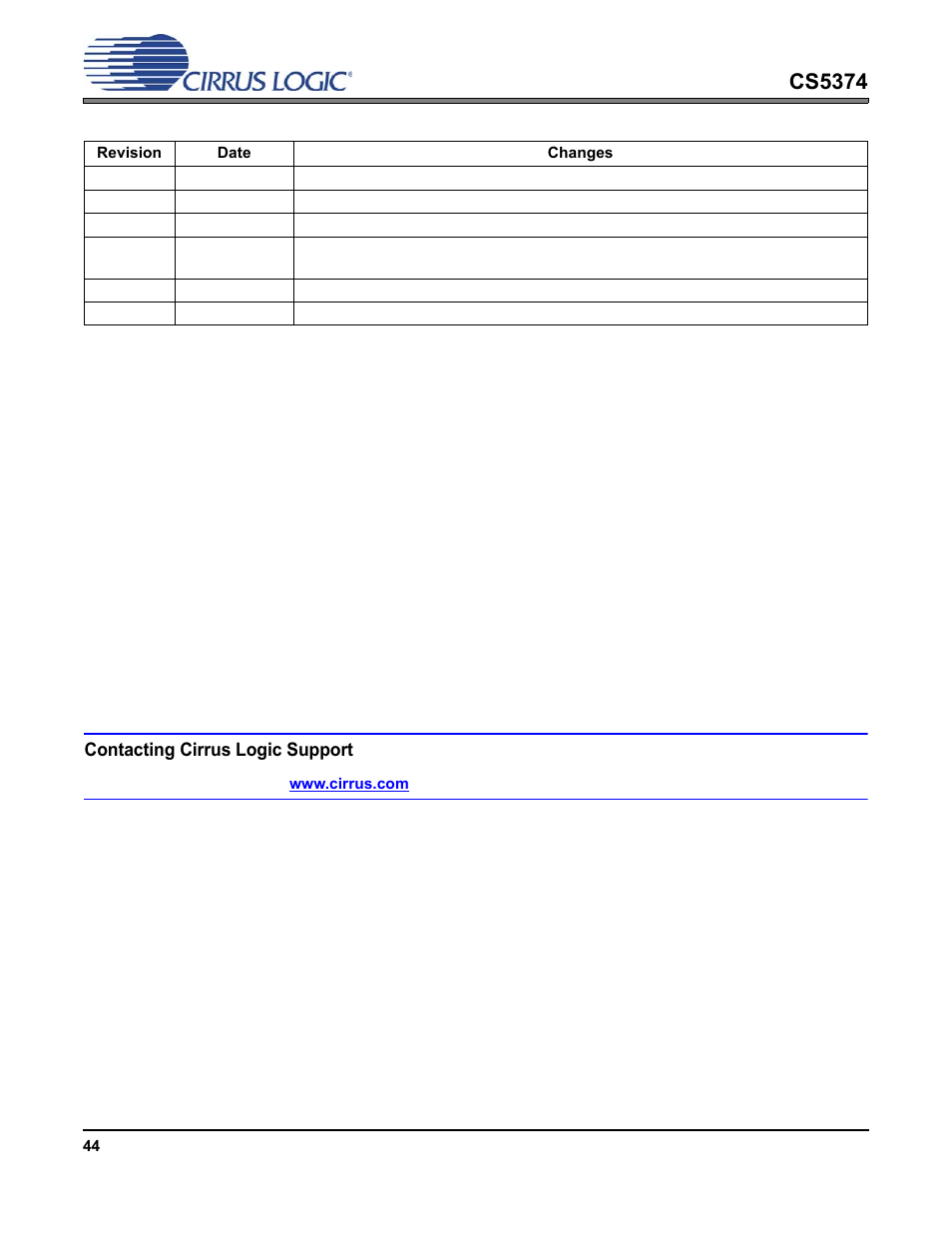 Revision history, Cs5374 | Cirrus Logic CS5374 User Manual | Page 44 / 44