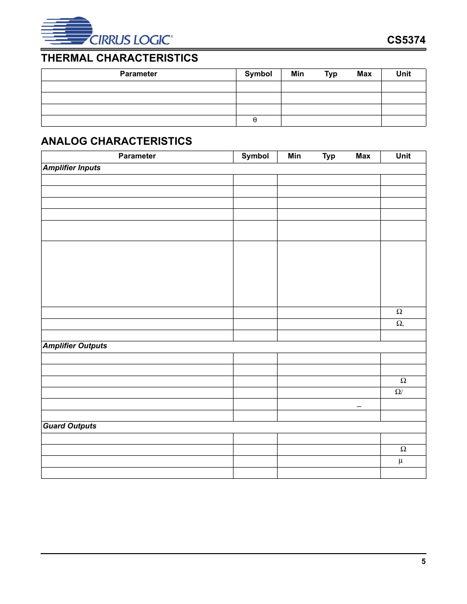 Thermal characteristics, Analog characteristics, Thermal characteristics analog characteristics | Cs5374 | Cirrus Logic CS5374 User Manual | Page 5 / 44