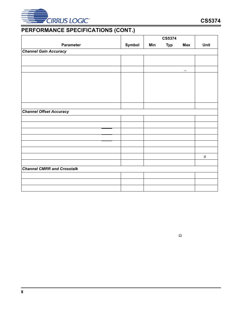 Cs5374, Performance specifications (cont.) | Cirrus Logic CS5374 User Manual | Page 8 / 44
