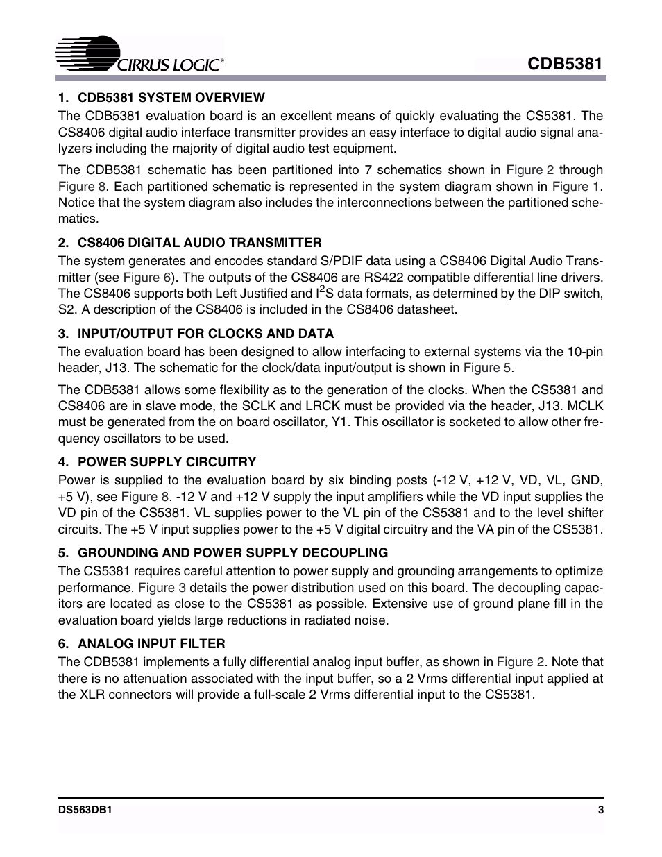 Cdb5381 system overview, Cs8406 digital audio transmitter, Input/output for clocks and data | Power supply circuitry, Grounding and power supply decoupling, Analog input filter, Cdb5381 | Cirrus Logic CDB5381 User Manual | Page 3 / 16