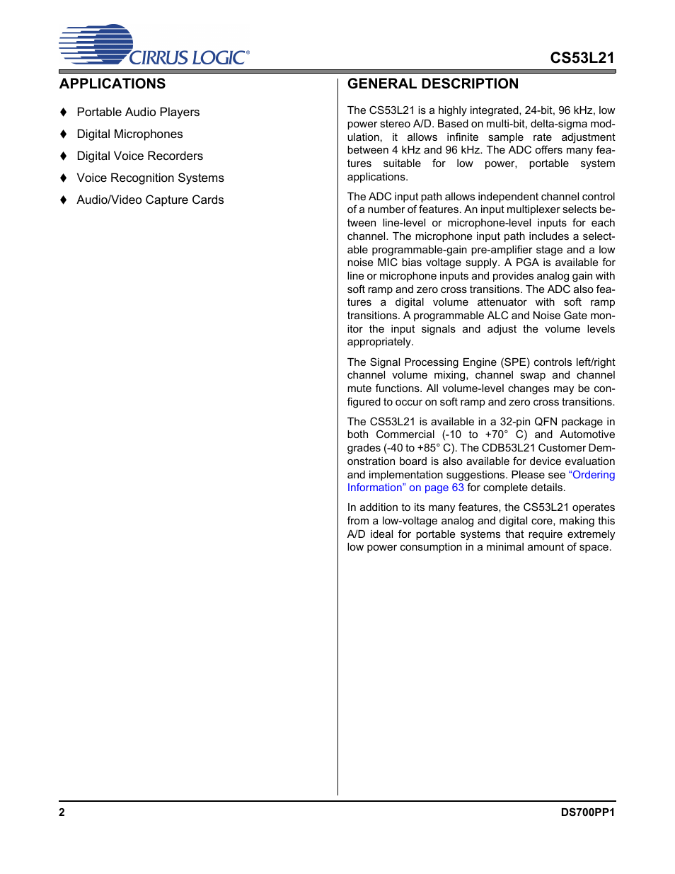 Cs53l21, Applications, General description | Cirrus Logic CS53L21 User Manual | Page 2 / 66