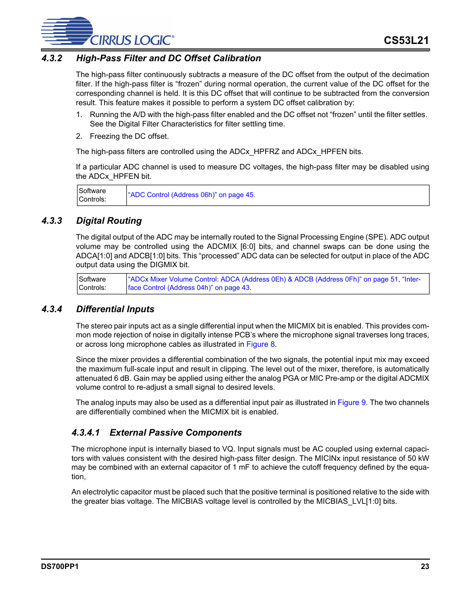 2 high-pass filter and dc offset calibration, 3 digital routing, 4 differential inputs | 1 external passive components, Cs53l21 | Cirrus Logic CS53L21 User Manual | Page 23 / 66