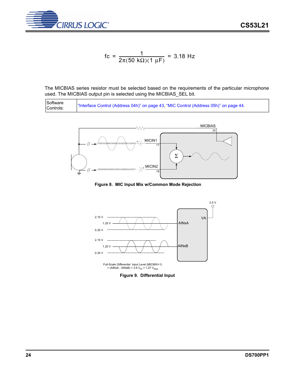 Figure 8. mic input mix w/common mode rejection, Figure 9. differential input, As illustrated in | Figure 8, Figure 9, Cs53l21 | Cirrus Logic CS53L21 User Manual | Page 24 / 66