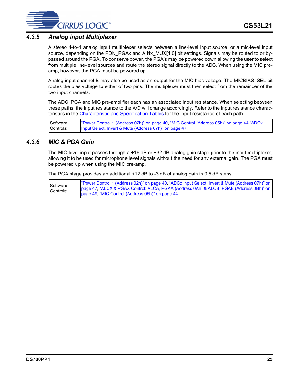 5 analog input multiplexer, 6 mic & pga gain, 5 analog input multiplexer 4.3.6 mic & pga gain | Cs53l21 | Cirrus Logic CS53L21 User Manual | Page 25 / 66