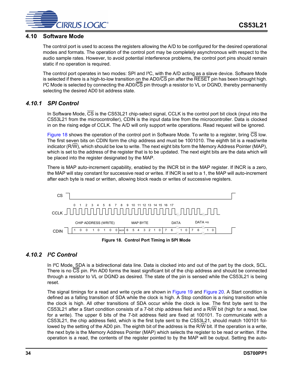 10 software mode, 1 spi control, Figure 18. control port timing in spi mode | 2 i·c control, 1 spi control 4.10.2 i²c control, Figure 18.control port timing in spi mode, Cs53l21, 2 i²c control | Cirrus Logic CS53L21 User Manual | Page 34 / 66