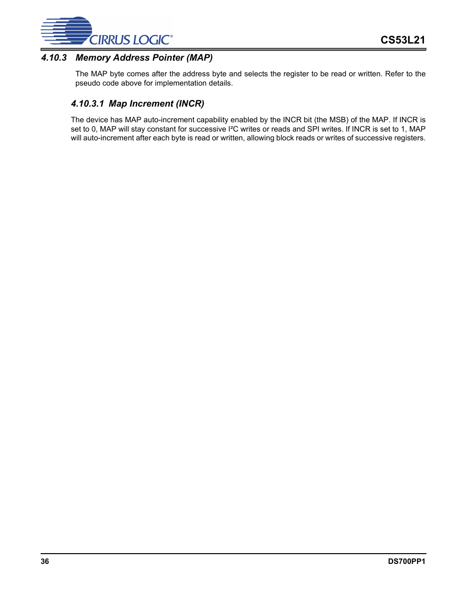 3 memory address pointer (map), 1 map increment (incr), Cs53l21 | Cirrus Logic CS53L21 User Manual | Page 36 / 66
