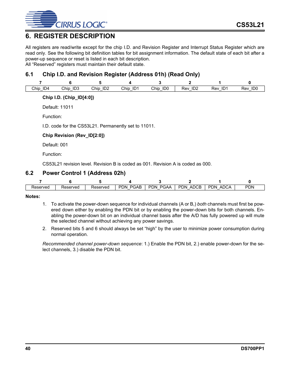 Register description, 2 power control 1 (address 02h), P 40 | Cirrus Logic CS53L21 User Manual | Page 40 / 66