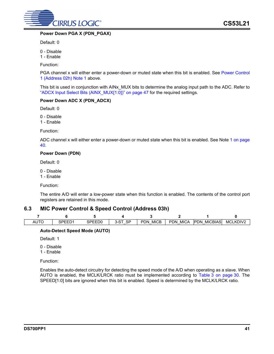 3 mic power control & speed control (address 03h), P 41, Cs53l21 | Cirrus Logic CS53L21 User Manual | Page 41 / 66